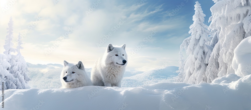 An image featuring Arctic Wolves in a scenic winter setting with ample empty space for copying text or graphics An image featuring Arctic Wolves in a scenic winter setting with ample empty space for copying text or graphics
