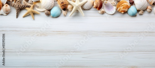 Top view of a white wooden table adorned with seashells creating a serene summer background perfect for adding text in the copy space image