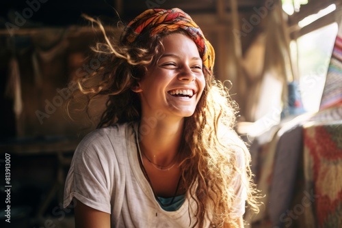 Joyful young woman with curly hair and headband laughs heartily in a cozy, sunlit setting photo