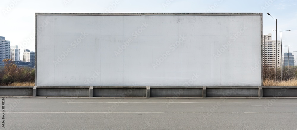 There is a spacious blank billboard on a street wall providing ample space for banners with customizable text There is a spacious blank billboard on a street wall providing ample space for banners with customizable text