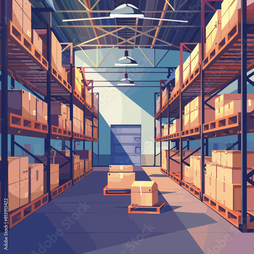 Modern Warehouse Interior with Cardboard Boxes Cartoon Style