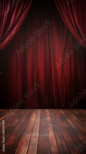3d rendering  Red stage curtain with spotlight on wooden floor.