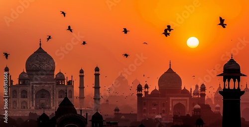 Silhouette of Taj Mahal at Sunset with Bird Flying Overhead, Capturing Tranquility and Elegance