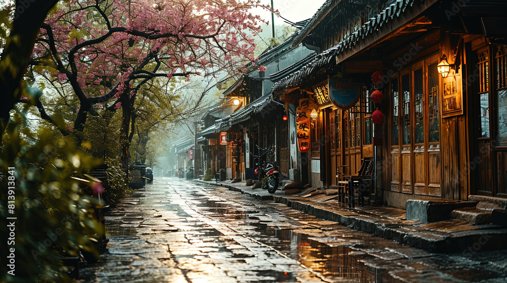 The Streets of Jiangnan Ancient Town Are Lined With Trees During Rain on Blurry Background The Streets of Jiangnan Ancient Town Are Lined With Trees During Rain on Blurry Background