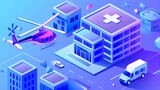Isometric landing page for healthcare systems solutions. Helicopter landing on hospital roof, ambulance driving. Medicine technologies, clinic health care infrastructure development 3D modern web