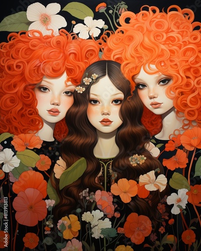 Whimsical portrait of three women with cartoonlike features one with floraladorned brown hair, one with black and white patterned hair, and one with bright red curls photo
