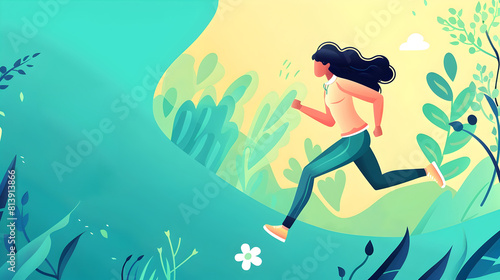 Design for World Health Day Emphasizing the Importance of Exercise Jogging Amidst a Green and Blue Backdrop with April in Bold Lettering Generative ai