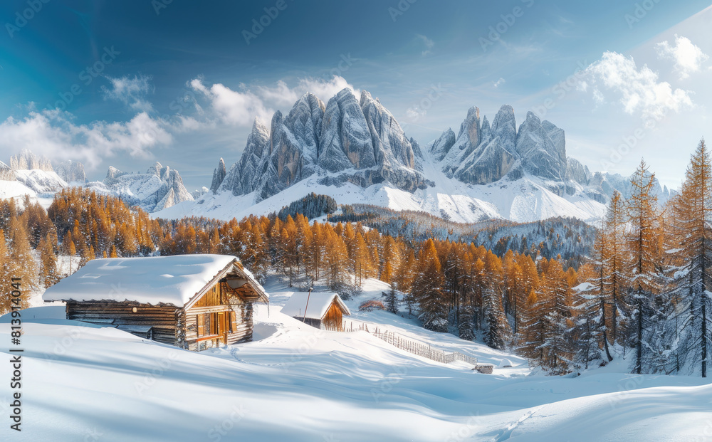 The Dolomites in winter, with snowcovered mountains and wooden huts nestled among the trees, offering breathtaking views of nature's beauty