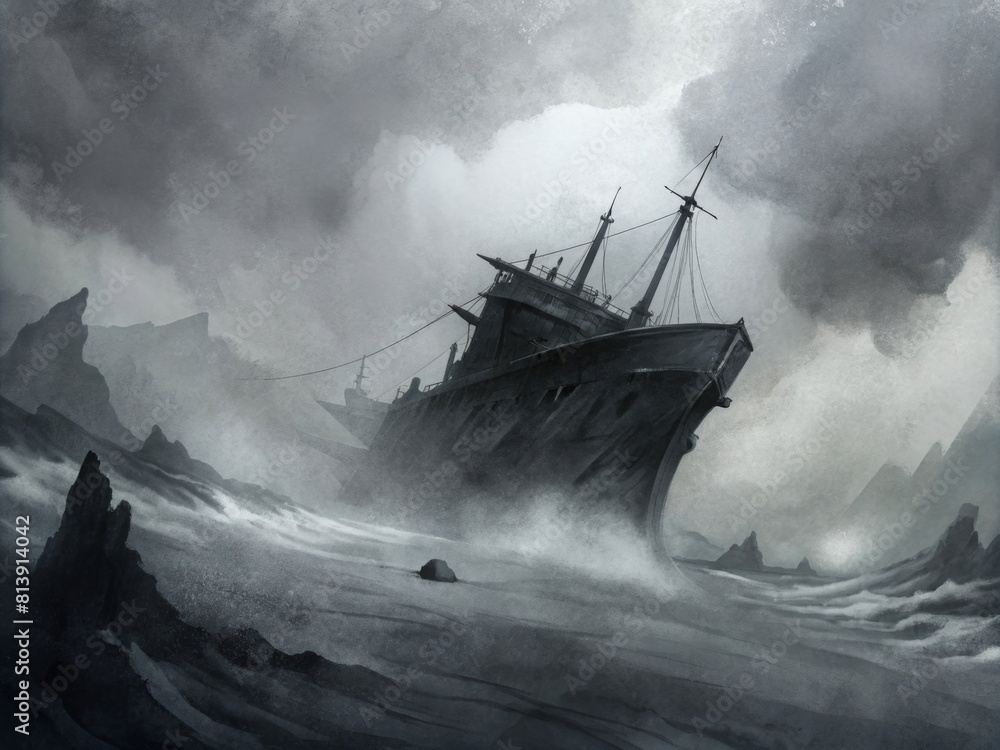 Fototapeta premium Watercolor painting of the ship in the stormy weather in the sea