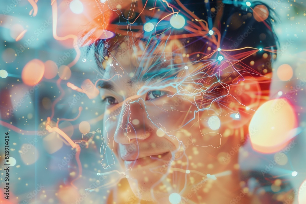 Male teen smiling confidently overlaid with an illustrative LED light ...