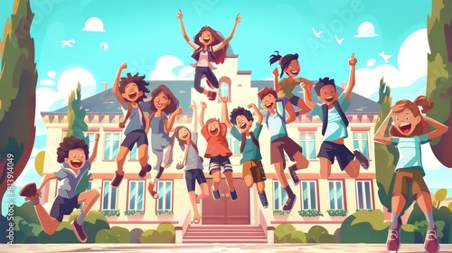 Cartoon illustration of jumping group of kids in front of school building. Back to school or holidays. Group of white girls, Asians and black boys have fun.