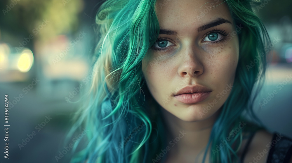 Young woman with vibrant teal hair and piercing green eyes. Young woman with vibrant teal hair and piercing green eyes.