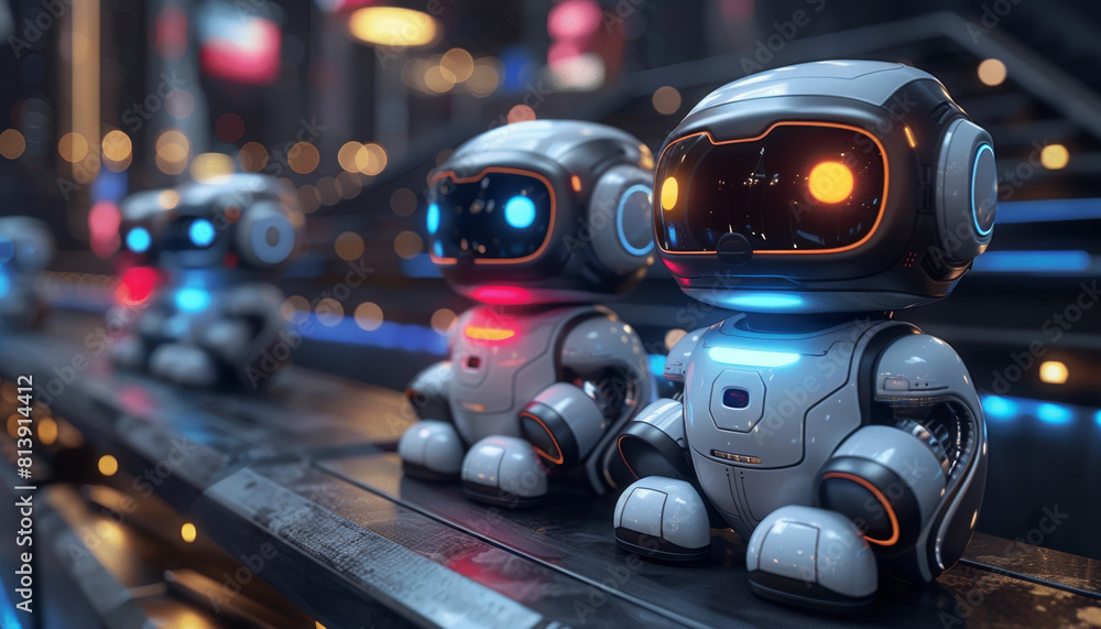 Three robots are sitting on a conveyor belt by AI generated image Three robots are sitting on a conveyor belt by AI generated image