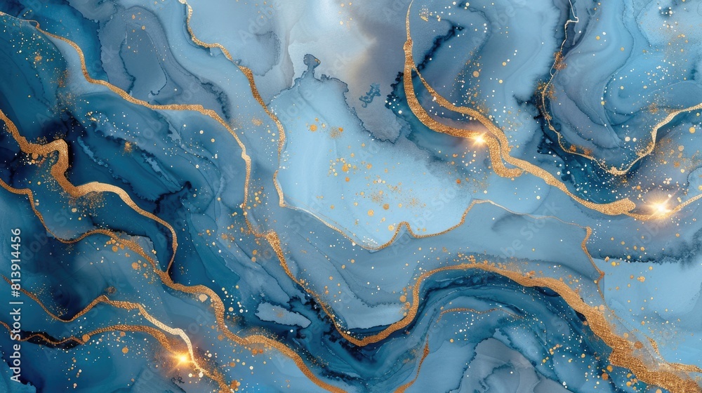 Abstract blue marble with gold lines watercolor texture Abstract blue marble with gold lines watercolor texture