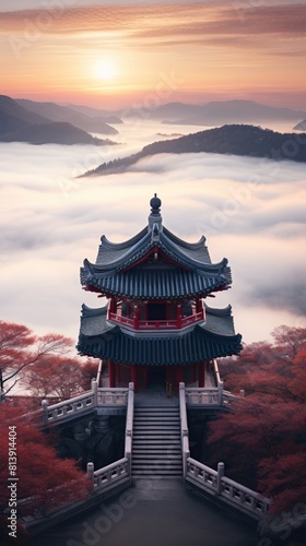  a beautiful Chinese pagoda on top of a mountain. The pagoda is surrounded by red and yellow trees and there are clouds in the background.