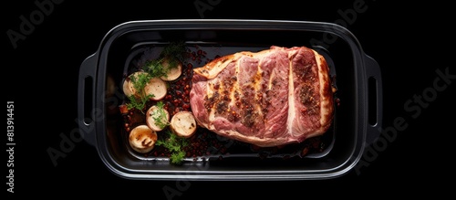 A top view of a ceramic dish with baked meat in the oven presenting a copy space image photo