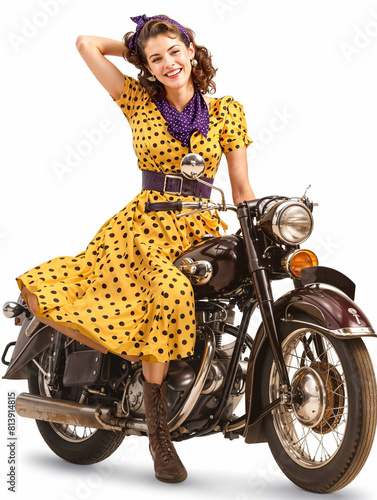 A pin-up girl wearing 50's style clothes sitting on a vintage motorcycle
