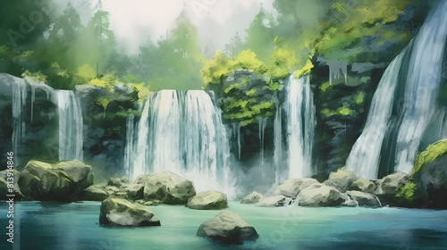 Horsetail waterfalls watercolor photo