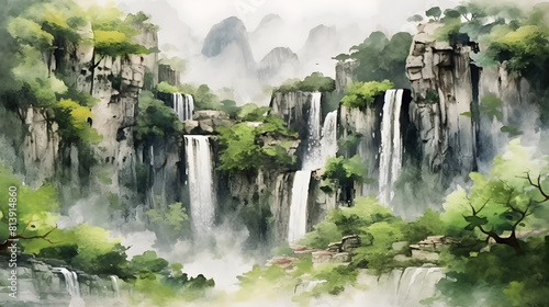 Horsetail waterfalls watercolor
