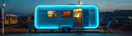 Futuristic trailer with blue neon lights parked on the street at night. The caravan has an open door and is illuminated from within, creating an atmosphere of calmness. A window displays various home