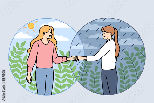 Woman helps friend get rid of depression by extending hand to girl standing in rain and inviting to sunny place. Helps and mutual assistance between people manifested through empathy and complacency