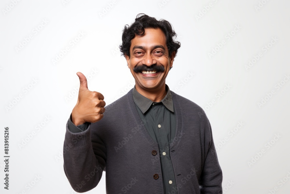 Portrait of a smiling indian man in his 40s showing a thumb up isolated in white background Portrait of a smiling indian man in his 40s showing a thumb up isolated in white background