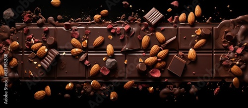 Top down copy space image of a chocolate frame featuring broken slices and scattered nuts on a black background