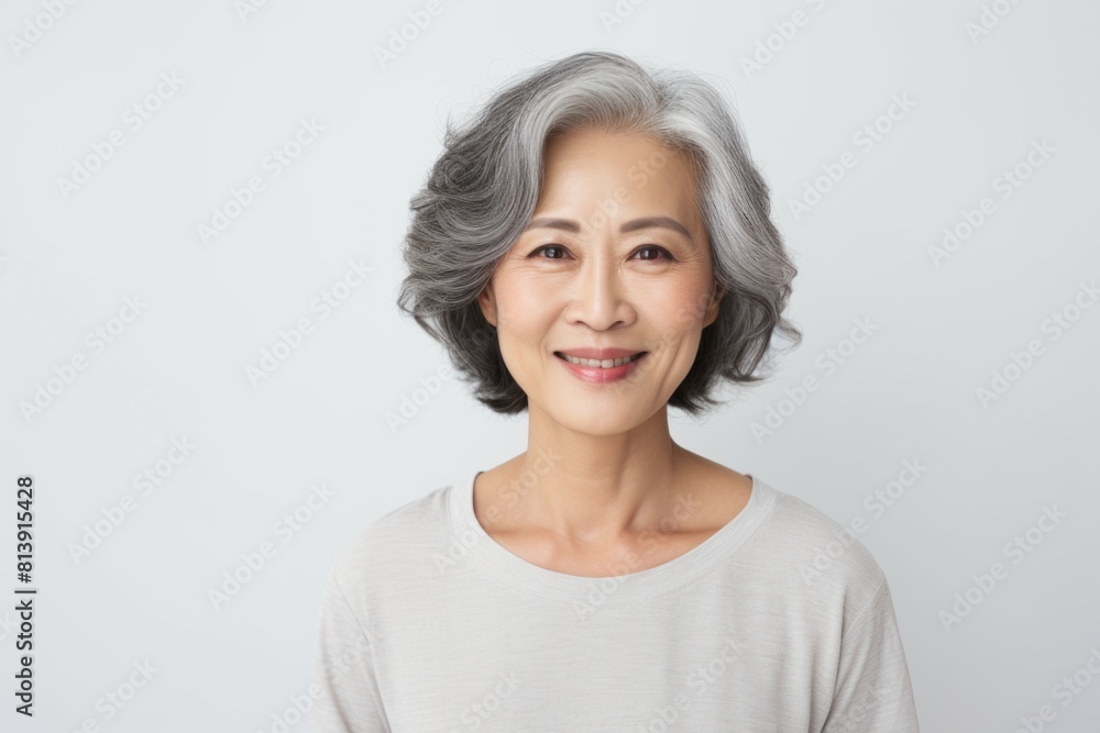 Portrait of a glad asian woman in her 50s smiling at the camera isolated in white background Portrait of a glad asian woman in her 50s smiling at the camera isolated in white background