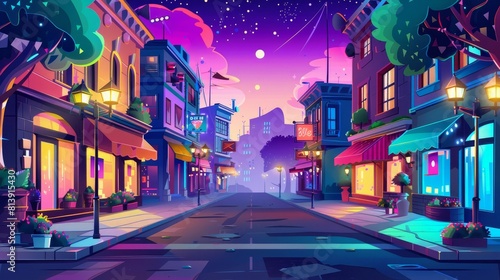 In this modern cityscape with cartoon characters, you will see houses, a road with pedestrian crossings, street lights, and a store front with banner at night. This is a modern cartoon cityscape, an