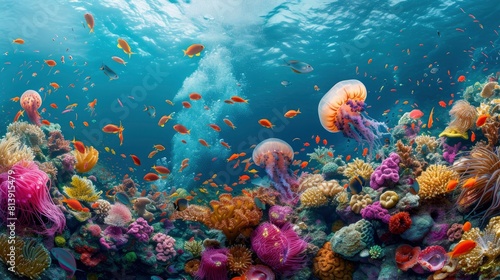 A mesmerizing background image capturing the vibrant colors of the ocean currents and a variety of fish species, Wide-angle shots, generative ai