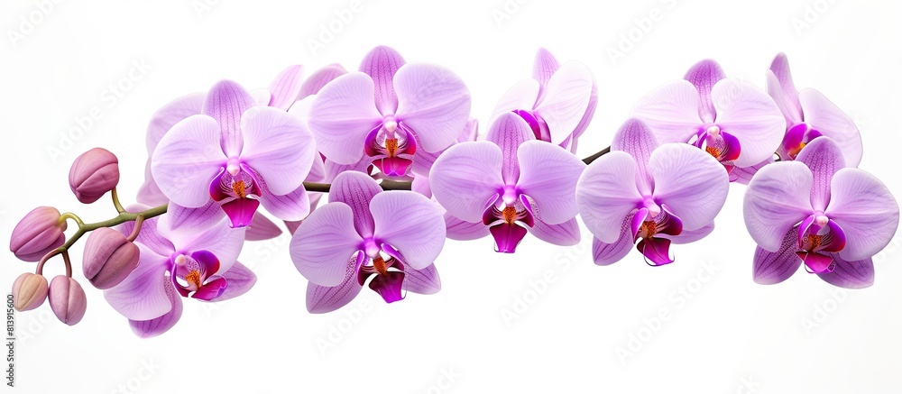 Isolated on a white background there is a beautiful lilac orchid in full bloom with a bandlet accentuating its beauty. Copy space image. Place for adding text and design Isolated on a white background there is a beautiful lilac orchid in full bloom with a bandlet accentuating its beauty. Copy space image. Place for adding text and design