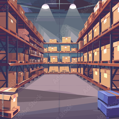 Modern Warehouse Interior with Cardboard Boxes Cartoon Style