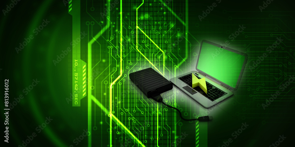 Naklejka premium 3d rendering renewable energy sign with laptop near power bank