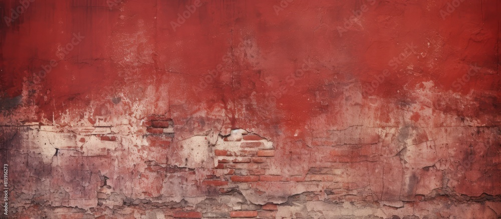 The distressed surface of an old brick wall with peeling paint gives the impression of a grungy shabby building facade This grunge red stonewall background forms an abstract web banner with ample cop The distressed surface of an old brick wall with peeling paint gives the impression of a grungy shabby building facade This grunge red stonewall background forms an abstract web banner with ample cop