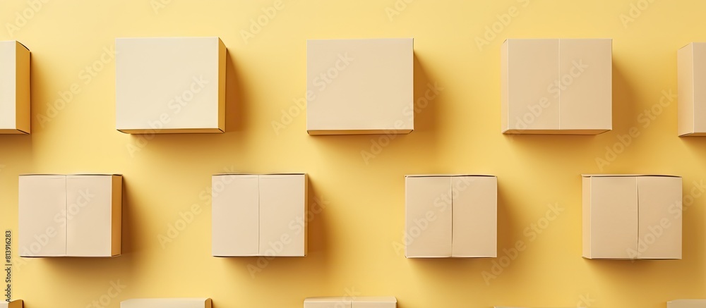 A flat lay of multiple closed cardboard boxes on a pale yellow background creating a visually appealing copy space image A flat lay of multiple closed cardboard boxes on a pale yellow background creating a visually appealing copy space image