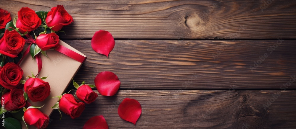 A top down view of a Valentine s Day greeting card with a bouquet of red roses a knitted heart and a wooden background providing space for personalized greetings. Copy space image A top down view of a Valentine s Day greeting card with a bouquet of red roses a knitted heart and a wooden background providing space for personalized greetings. Copy space image