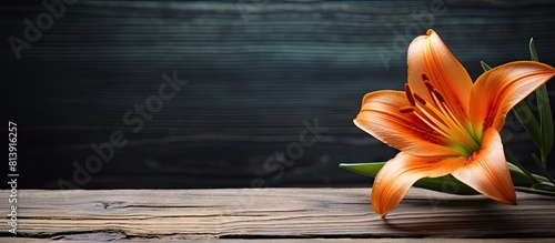 Panel kuchenny z motywem A vibrant orange day lily stands out against the backdrop of a rustic wooden surface creating an aesthetically pleasing copy space image