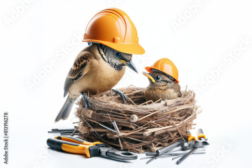 A bird in a construction helmet nest on a white background