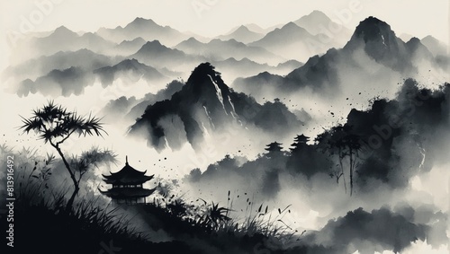 Traditional Japanese ink wash landscape with mountains. Traditional ink painting style gohua, sumi-e, u-sin