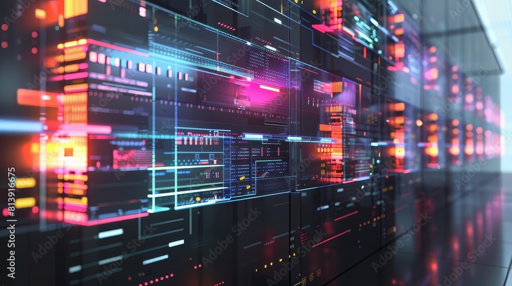 Obraz premium Virtual data center, Side view of a virtualized data center architecture with floating elements, virtual scalability. Robotic tone. Split-complementary color scheme