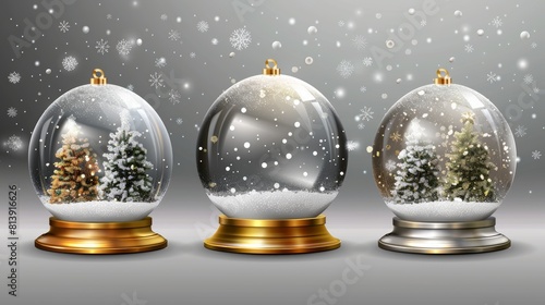 This realistic 3D modern set includes realistic glass domes, christmas snow globe souvenirs, and isolated crystal semispheres set on silver or golden bases. photo
