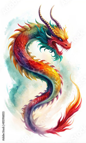 Watercolor colorful dragon in Chinese traditional style with splash of paintings