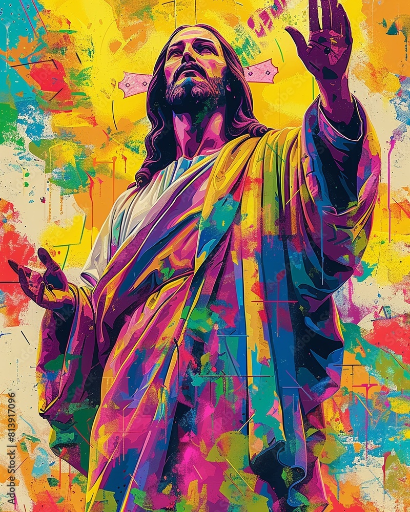 Fototapeta premium A painting of Jesus with bright, almost neon colors.
