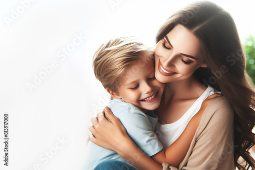 mother and child hugging and kissing on a white background