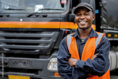Happy cargo truck driver standing proudly in front of his truck.