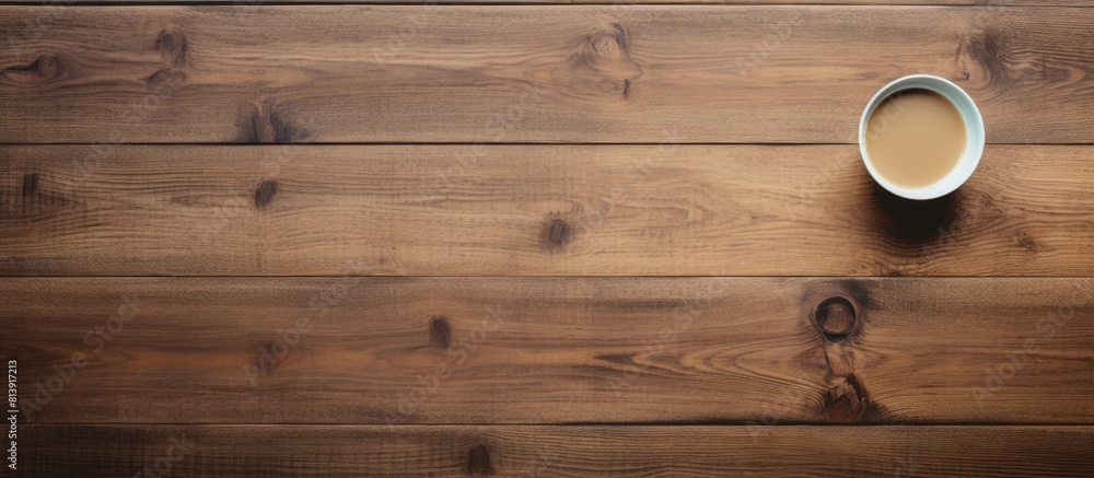 Top view of a wooden table with an open book featuring blank pages accompanied by a cup of tea The image provides ample copy space for adding text or graphics Top view of a wooden table with an open book featuring blank pages accompanied by a cup of tea The image provides ample copy space for adding text or graphics