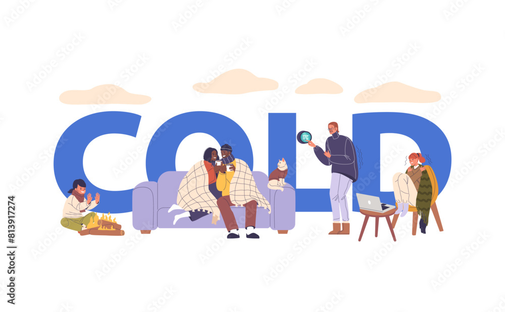 Fototapeta premium Characters In Cold Weather Concept. People Drinking Hot Beverages, Warming Hands By A Fire, Adjusting A Thermostat