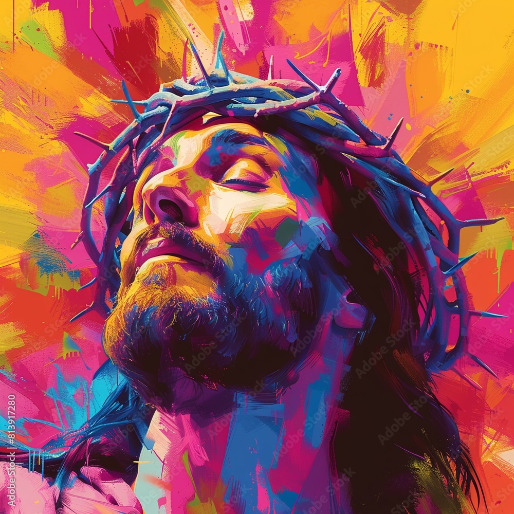 Colorful painting of Jesus wearing a crown of thorns. Stock