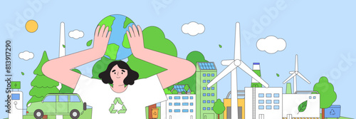 Eco-friendly people hold Earth globe and care about environment. Ecological awareness, esg, sustainable lifestyle. Environmental, Social, Corporate Governance vector illustration banner background.