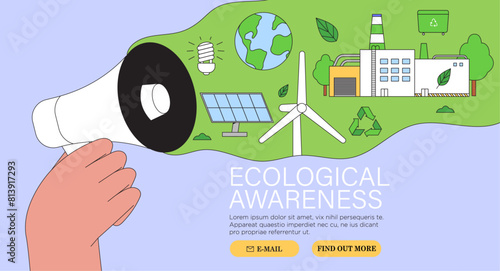 Hands or arms hold loudspeaker. Ecological awareness, green sustainable energy, ESG, or ecological industry production concept. Environmental, Social, Corporate Governance vector illustration banner.